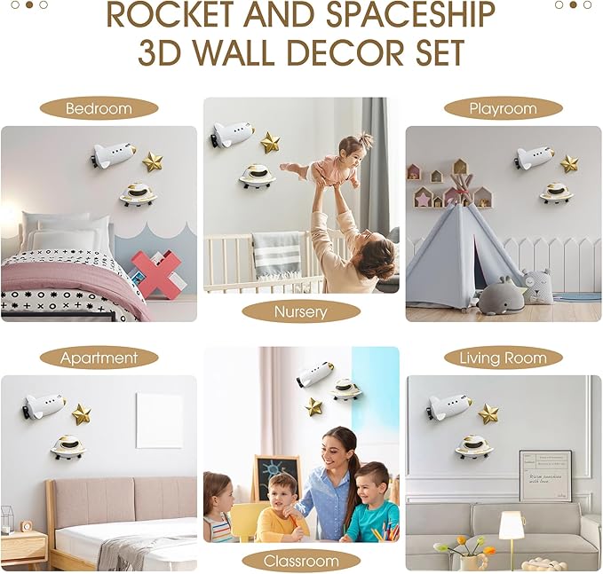 FJS 3Pcs Rocket Spaceship Outer Space Wall Decor, Cute Wall Sculptures for Boys Room Decor, Astronaut Galaxy Nursery Decor, 3D Outer Space Theme Bedroom Wall Decor for Kids Room