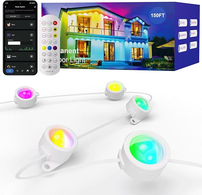 HUTAKUZE Permanent Outdoor Lights, 150FT with 90 RGB LEDs for Outdoor Decor, IP67 Waterproof, 48 Scene Modes Christmas House Lights,APP & Remote Control, Music Sync