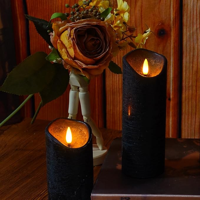 Flickering Flameless Candles with Remote Control and Timer Set of 5 Pc Real Wax LED Pillar Candles, Battery Operated Candles（D2.2×H5/5.5"/6"/7"/8"） Home Decor Flameless Candles（Black）