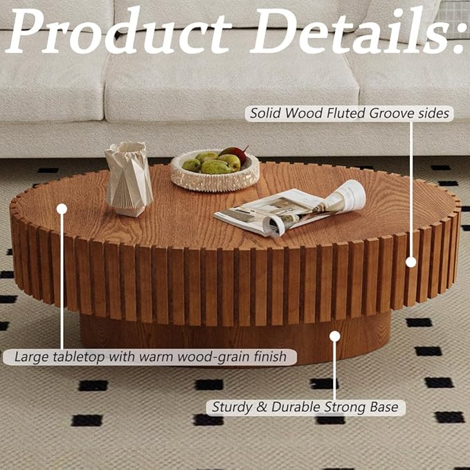 43.3” Oval Coffee Table Modern Fluted Coffee Table Handcrafted Relief Center Table with Sturdy Pedestal Mid Century Modern Center Table Tea Table for Living Room Apartment (Brown)