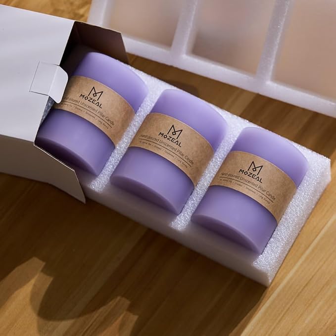 MOZEAL 3" x 4" Hand-Poured Unscented Lavender Candle, Dripless Light Purple Pillar Candle Set of 3, Long Clean Burning, Approx 72 Hours Burn Time, Rustic Country Style, Home Decor