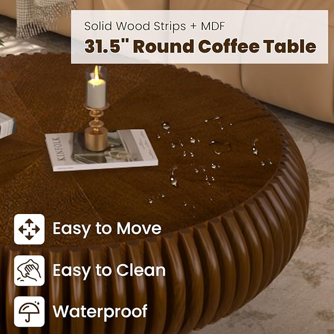31.5" Drum Coffee Table Modern Unique Fluted Tea Table Contemporary Wood Round Coffee Table with Fluted Centry Table for Living Room Walnut (31.5" Walnut)