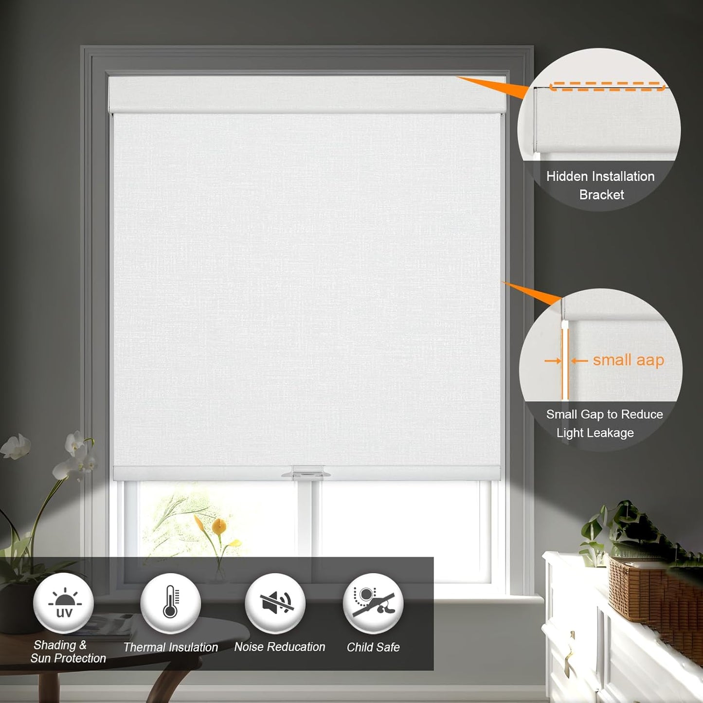Persilux Blackout Roller Shades & Blinds Windows Shades Free-Stop Blackout Blinds with Jacquard Fabric,Cordless Blinds Pull Down Shades for Home, Easy to Install for Door/Office, White(68" W x 96" H)