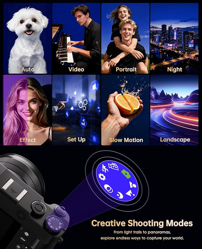 4K Digital Camera for Photography - 64MP Autofocus Vlogging Camera for YouTube with Dual-Lens - 16X Digital Zoom Anti Shake 3'' Selfie Compact Travel Camera with Flash, 2 Batteries, Charging Stand
