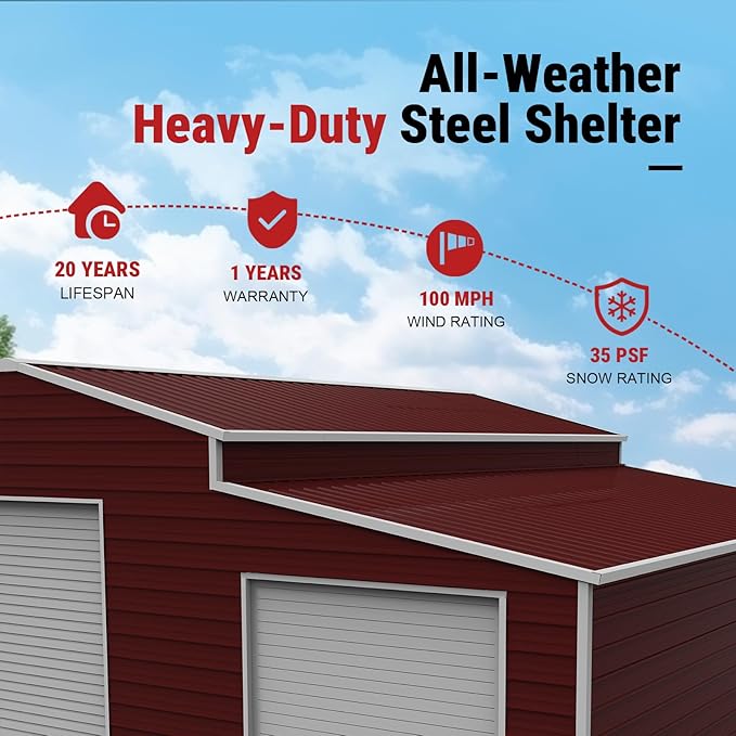 42×30FT Brown Metal Storage Shed Barn Garage, Heavy-Duty 14-Gauge Steel Building with Roller Doors, 26-Gauge Panels, Galvanized & Powder-Coated Outdoor Shelter for Farm,RV,Tractor,Tools