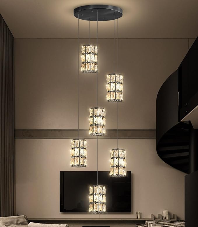6-Lights Modern Crystal Pendant Lights for Kitchen Island LED Dimmable Glam Pendant Lighting Chandelier for Dining Room Hallway Corner Lamp Black