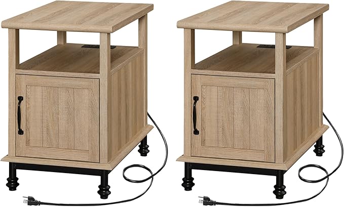 WAMPAT Set of 2 End Tables with Charging Station, Narrow Side Table Night Stand with Storage Cabinet, Wooden Nightstand with Metal Legs, Bedside Table for Bedroom, Oak