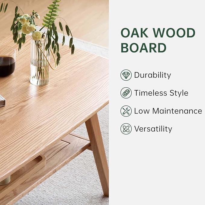 100% Solid Oak Wood Coffee Table for Living Room, Small Table with Shelf Storage, Mid Century Modern Coffee Tables with Rounded Corners for Home (Natural, 31.49" x 19.68" x 17.32")