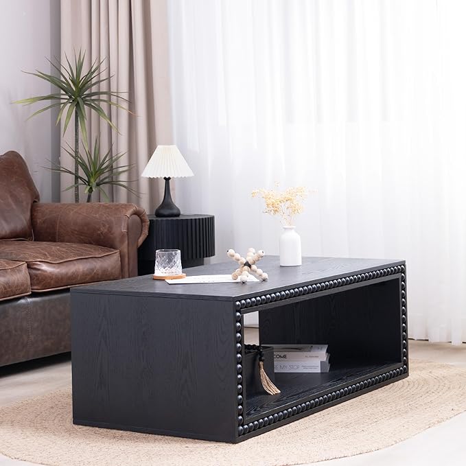 Rectangular Coffee Table with Real Wood Beads, Rustic Wooden Center Table with Open Storage Shelf, Farmhouse Tea Table for Living Room Apartment Office,47.6" L x 23.7" W x 17" H