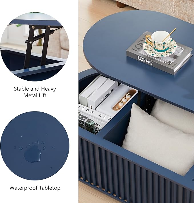 Oval Lift Top Coffee Table with Storage, 43.3”Mid Century Modern Center Table with Hidden Compartment, Fluted Wooden Lift Tabletop Dining Table for Living Room Apartment Home Office,Blue