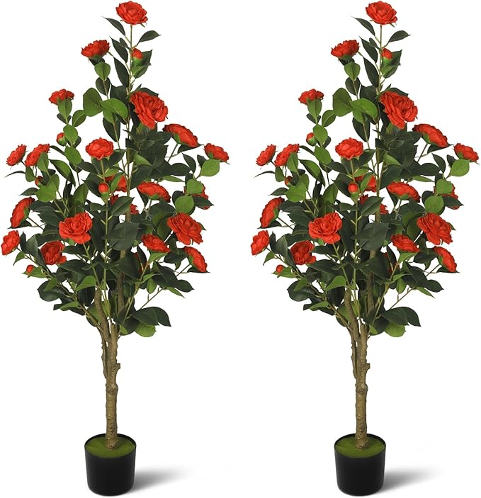 2-Pack 4FT Artificial Camellia Tree,Realistic Fake Potted Plants with Flowers&Planters,Indoor/Outdoor Faux Flowering Trees for Home,Office,Porch,Wedding,and Housewarming Gift Decor,Red