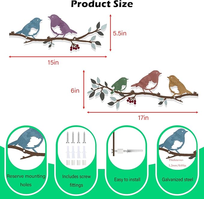 Harikikochuu 2 Pcs Metal Birds Wall Art Decor Robin Bird on the Branch Silhouette Art Metal Decorative Birds Hanging Wall Sculpture for Outdoor Balcony Garden Porch Décor(Colorful)