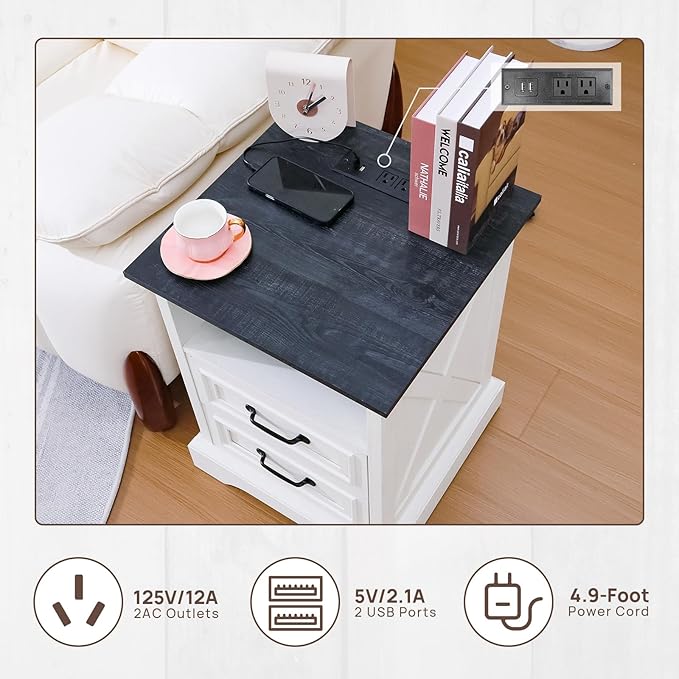 ALBAD Farmhouse Nightstand with Charging Station Rustic Bedside Table with 2 Drawers and Cubby Storage End Table with Metal Handle for Bedroom Office, Antique White