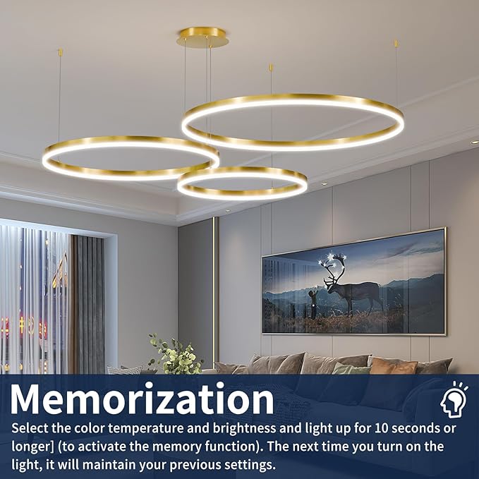 Gold LED Modern Chandelier, 3-Ring Pendant Light Fixture, Dimmable 3000K-6500K, Adjustable Hanging Ceiling Light Over Table for Dining Room, Kitchen Island, Living Room, Bedroom, Entryway