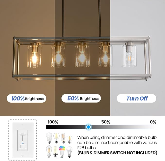 Farmhouse Chandeliers for Kitchen Island, Modern 5-Light Rectangle Chandelier, Brushed Nickel Linear Pendant Lighting Fixture with Clear Glass Shade, L35.4 Inch