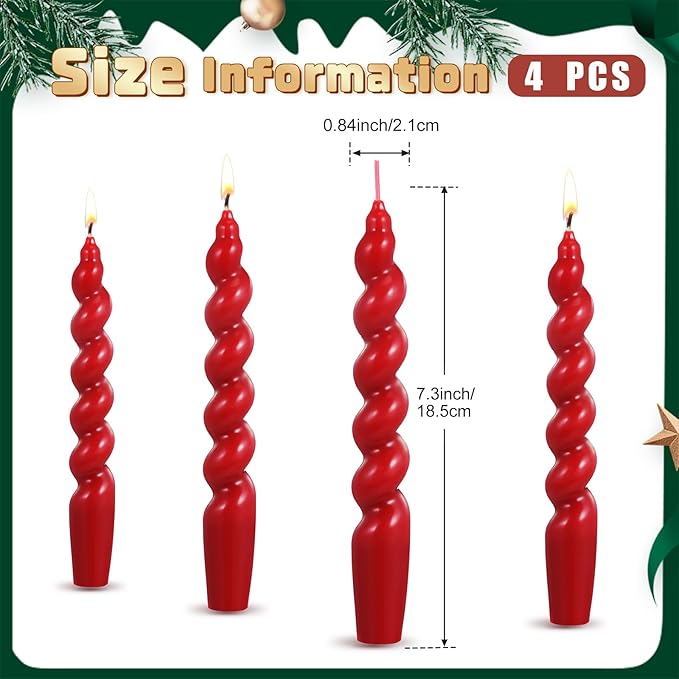 Zhengmy 4 Pcs Red Spiral Taper Candle 7 Inch Twisted Long Wax Dinner Candlestick for Fall Halloween Christmas Holiday Valentines Wedding Birthday Baby Shower Table Decor(Solid)