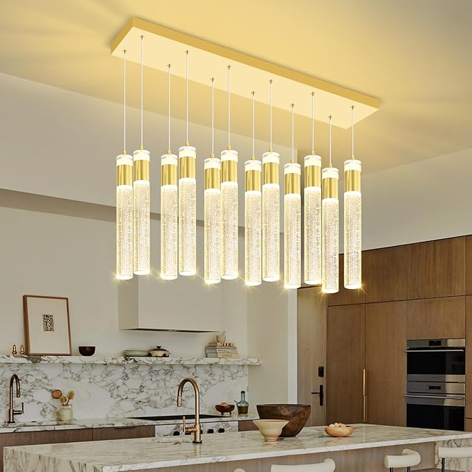 Glam Rectangular Crystal Column Chandelier for High Ceiling 12-Lights Gold LED Dimmable Pendant Light for Kitchen Island Dining Room Entrance Foyer Living Room Adjustable Height