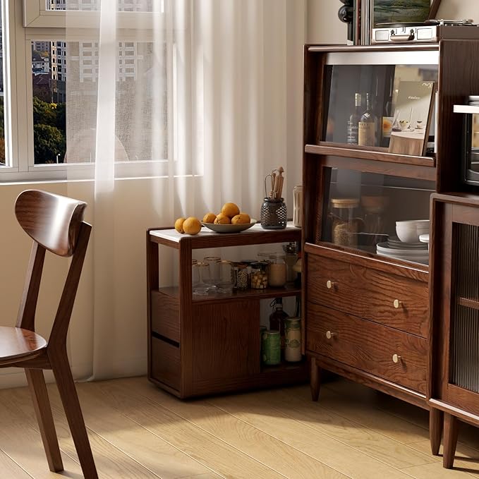 100% Solid Wood Side Table with Wheels, Narrow Side Table with Storage Drawers, Rolling Bedside Table for Bedroom Living Room Space Saving (Walnut, 11.81" D x 26.77" W x 23.23" H)