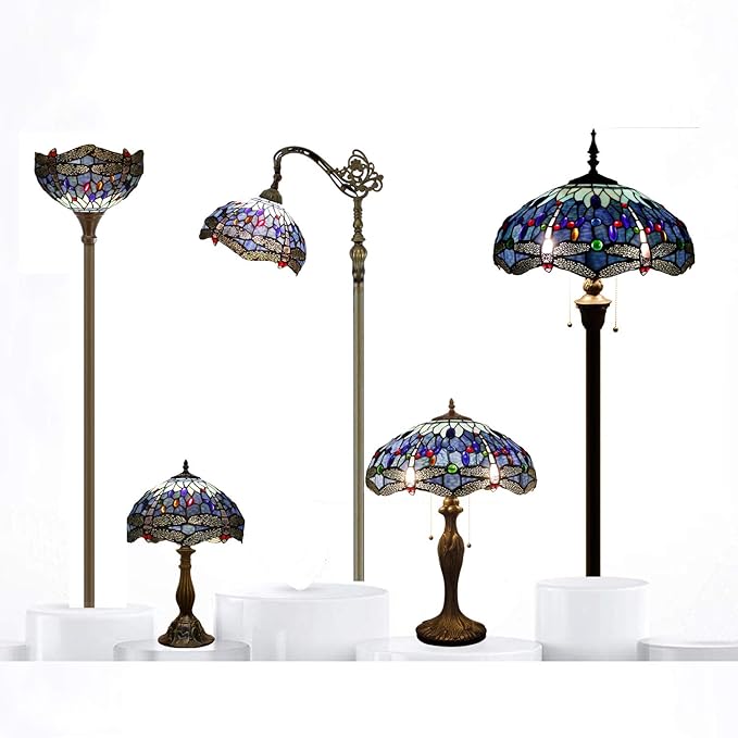 WERFACTORY Tiffany Style Table Lamp Blue Stained Glass Dragonfly Bedside Desk Reading Light Metal Base 16X16X24 Inches Decor Bedroom Living Room Home Office S004 Series