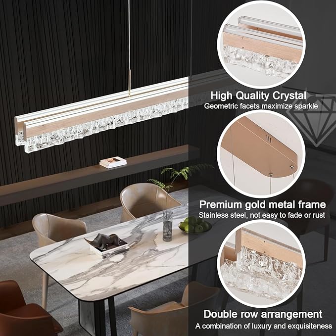 47.24" Linear Chandelier for Dining Room Modern Led Pendant Light Fixtures Dimmable Crystal Island Lights for Kitchen Living Room Office Bar