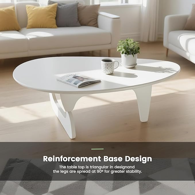 Solid Wooden Modern Triangle Coffee Table: Unique Funky Coffee Tables for Living Room, Oval Mid-Century Irregular Abstract Tea Tables for Patio Office Balcony Bedroom (White, 50" L x 31" W x 16" H)