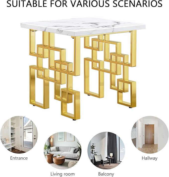 AUZ Gold End Table Set of 2, Modern Square Living Room Side Table with White Top and Gold Mirrored Metal Geometric Base