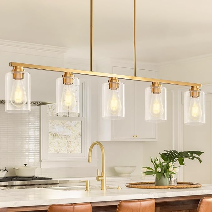 Island Light for Kitchen, Brushed Gold Dining Room Light Fixture Over Table, 5-Light Linear Chandelier Pendant Lighting for Dining Table Kitchen Island Living Room