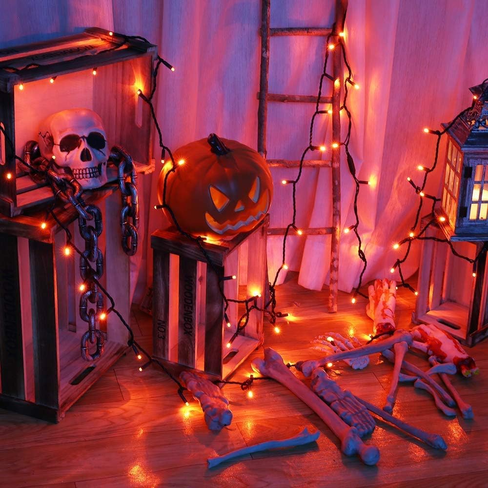Brizled Orange Halloween Lights, 33ft 100 LED 5mm Wide Angle Orange Halloween String Lights, 120V UL Certified Connectable Mini Amber Light String for Tree Party Home Indoor Outdoor Decor, Black Wire