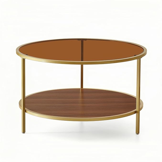 Modern Round Glass Coffee Table with Amber Glass Top, Round Glass Table for Living Room, D30''×H18'', Gold Table Legs Structure & Amber Glass Top