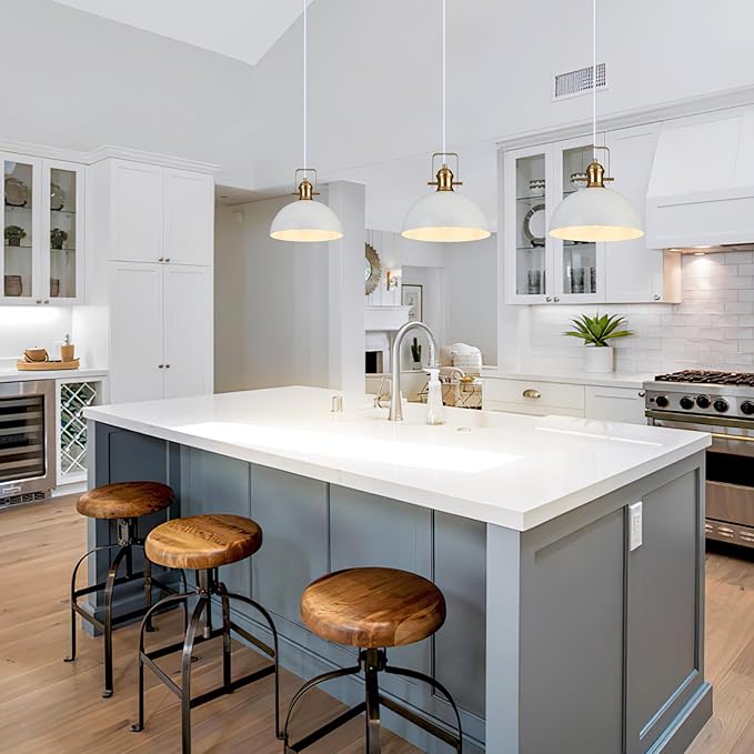 12 Inch Pendant Lights for Kitchen Island Matte White Farmhouse Pendant Light fixtures Adjustable Height Dome Hanging Light for Dinning Room Bedroom Hallway,2 Packs
