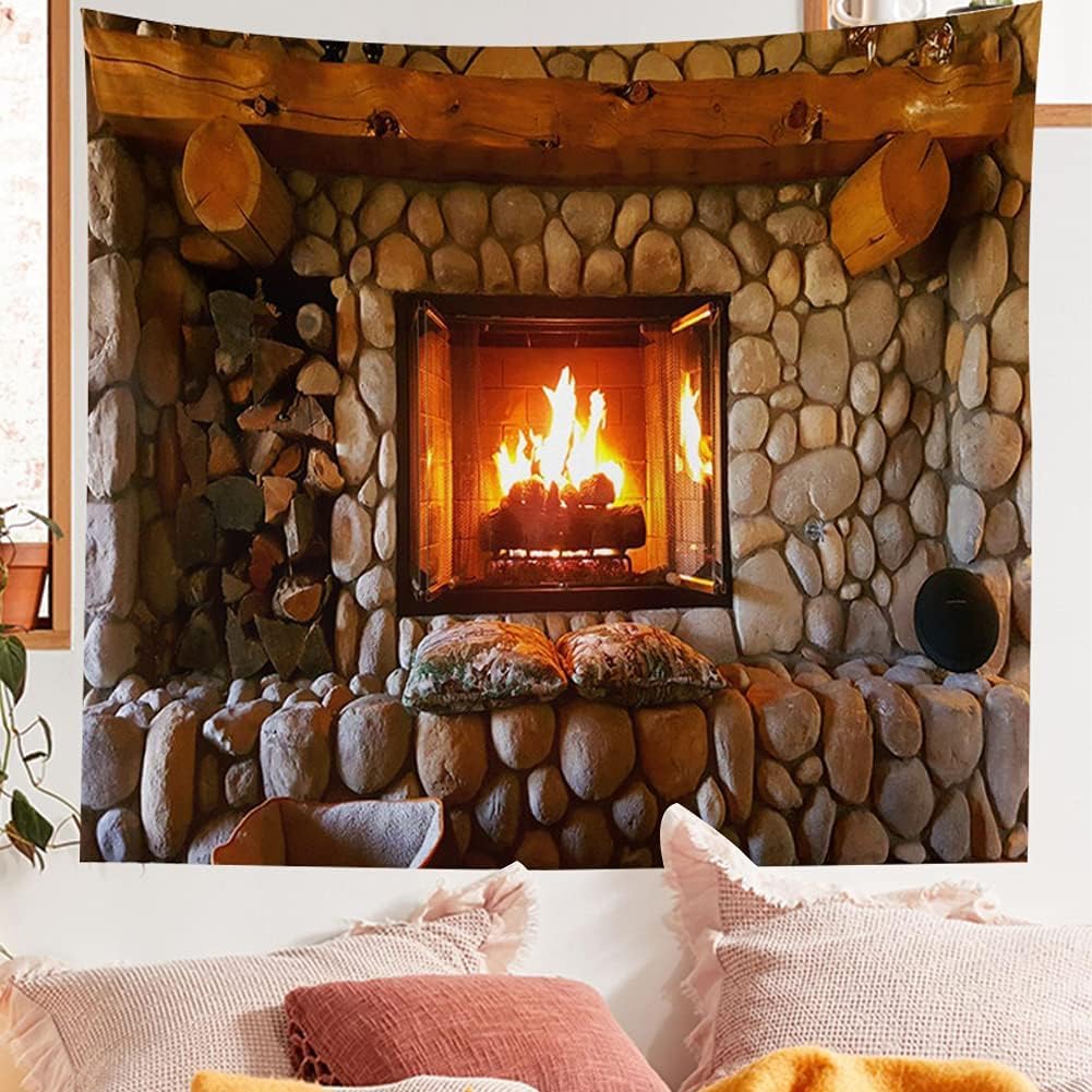 Firplace Tapestry Art Retro Stove Print Tapestry Art Wall Hanging Tapestry Room Bedspread Decor Christmas Fireplace (Firplace, 70.00" x 90.00")