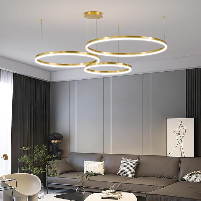 Gold LED Modern Chandelier, 3-Ring Pendant Light Fixture, Dimmable 3000K-6500K, Adjustable Hanging Ceiling Light Over Table for Dining Room, Kitchen Island, Living Room, Bedroom, Entryway