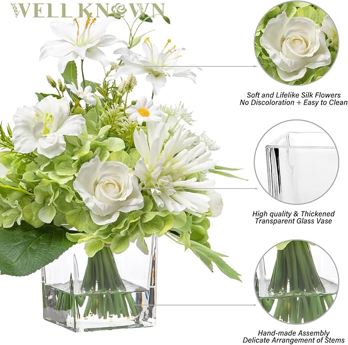 Artificial Flowers in Vase with Fake Water, 12.5" Realistic Silk Rose Peony Lily Faux Floral Arrangements with Glass Vase for Office Home Dinning Table Birthday Party Wedding Decor - White & Green