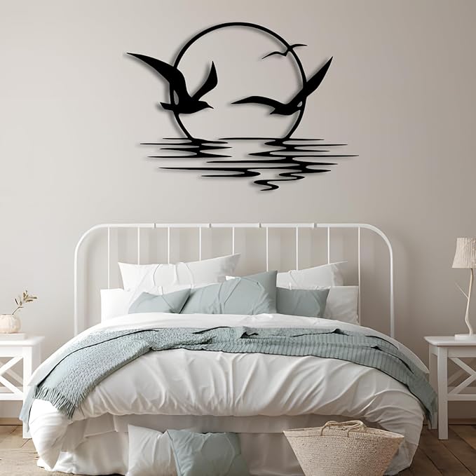 kuestboy Metal Wall Art of Sunrise and Seagulls, Modern Coastal Sculpture for Living Room, Bedroom, Office Decor，Black Wall Decor (24" X 17" | 60 X 43cm)