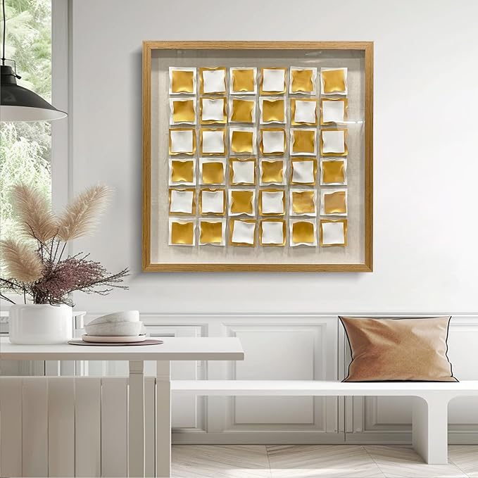 BrightA Gold and White Geometric Wall Sculpture Reflective 3D Textured Panels Brushed Metal Texture with Wave Modern Framed Abstract Art for Bedroom Office Decor 31.5"x31.5"