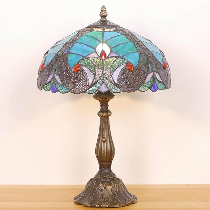 Tiffany Lamp Stained Glass Table Lamp Antique Bedside Reading Light W12H19 Inches (Green Liaison)
