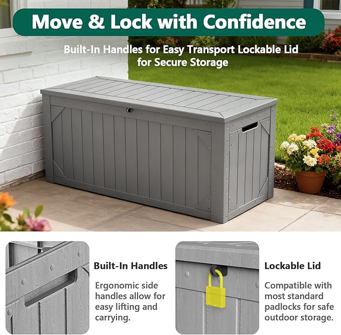 Outdoor Storage Box, 100 Gallon Deck Box Outdoor Storage Bench Outside Waterproof Resin Storage Bench, Lockable Patio Cushions, Garden Tools Storage For Furniture, UV Resistant (Gray)