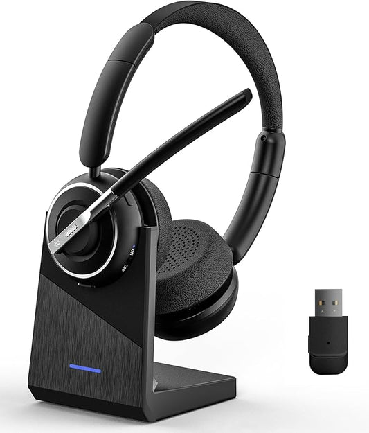 (2025 Upgraded) Wireless Headset with Mic for Work, Bluetooth Headset with Noise Canceling Microphone with Dongle, Charging Base & Mic Mute, Wireless Headphones for Work from Home/PC/Computer