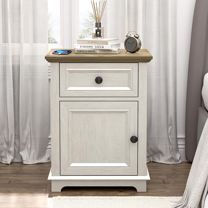 End Table with Fast-Charge Set of 2, Side Table with Drawer Storage and Adjustable Shelf, Charging Nightstand Set of 2, Wooden Side Table for Living Room/Bedroom/Office, White