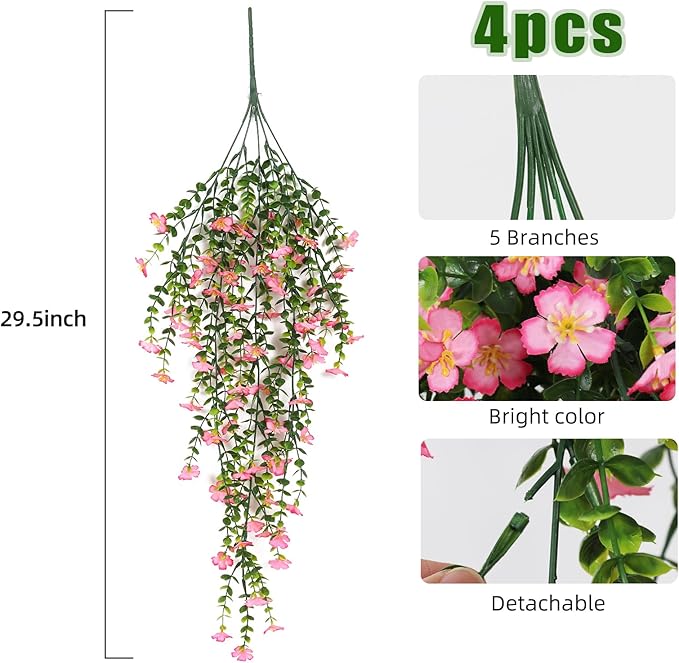 RECUTMS Artificial Hanging Flowers Plants for Outdoors, 4Pcs Fake Hanging Plants Flowers with Eucalyptus Leaves UV Resistant Fake Flower Look Real for Home Garden Porch Patio Door (Pink)