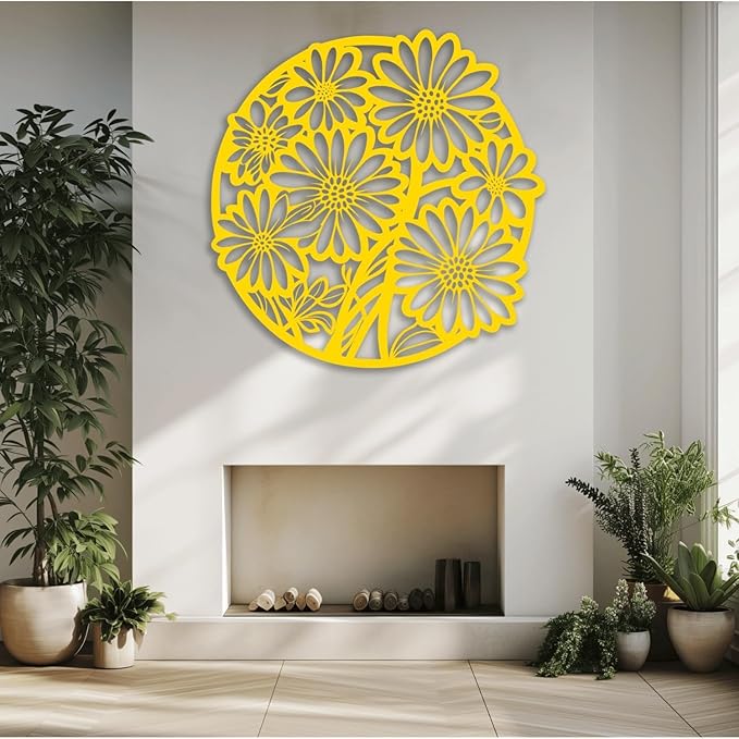 XXQ Metal Wall Art Decor, Daisy Flower Metal Wall Art Sculpture for Indoor Outdoor Line Wall Art for Bedroom Living Room and Kitchen (Black, 39" x 39" / 100 x 100cm)
