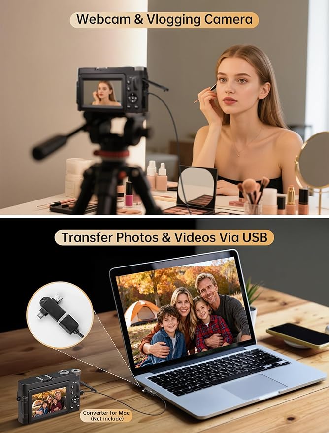 4K Digital Camera for Photography, 64MP Autofocus WiFi Vlogging Camera for YouTube with 3'' 180° Flip Screen,Travel Camera with SD Card, Point and Shoot Digital Camera 16X Zoom, UV Filter,2 Batteries