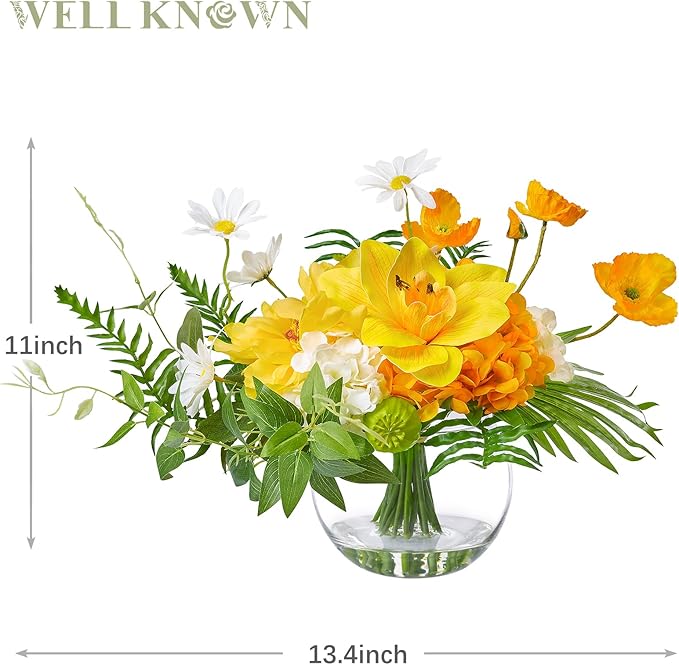 WELL KNOWN Artificial Silk Flowers in Glass Vase for Dining Table Decor, Tropical Orange Orchid Flowers Bouquet Arrangement with Faux Water for Home Office Wedding Party Dining Table Centerpieces Gift