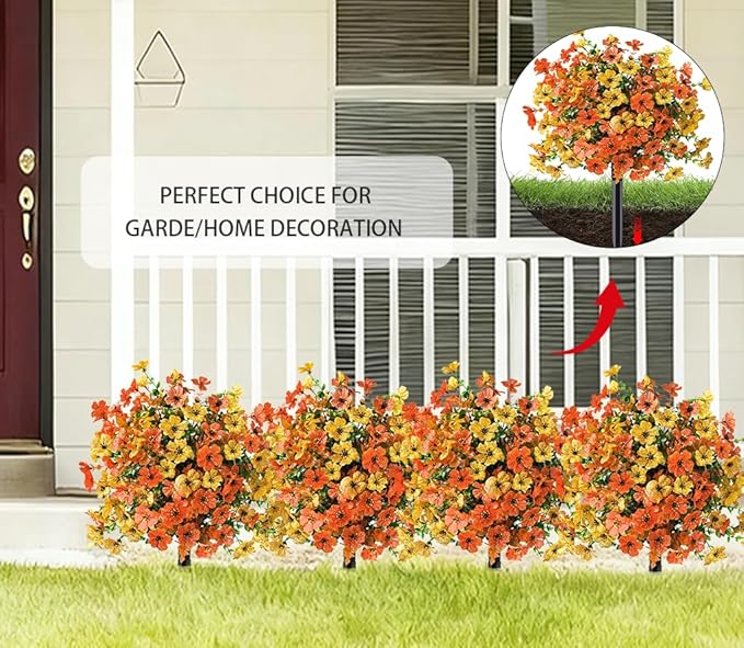 Christmas Decorative Plants Artificial Topiary Trees with Spike, 2pcs UV Resistant Artificial Bushes with Flowers, Artificial Fake Plants Shrubs for Doorway Porch Garden Decorate (Orange-yellow)