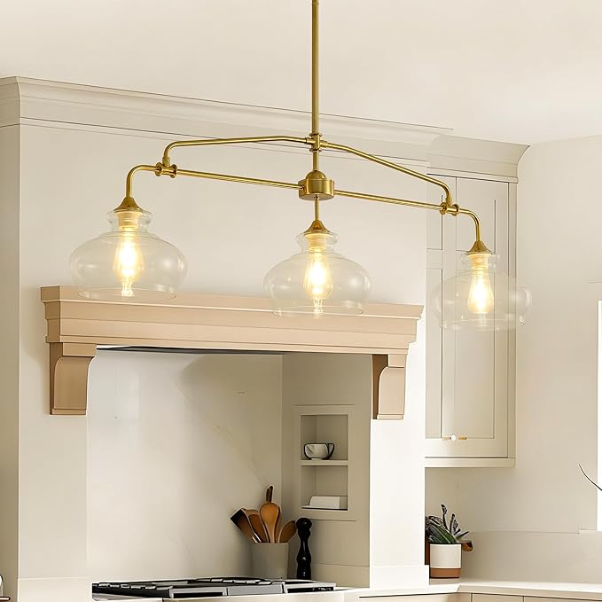 Industrial Modern 3 Light Chandelier Gold Rustic Linear Pendant Light Minimalist Country Luxury Chandeliers Adjustable Height with Glass Lampshade for Dining Room Island Living Room Foyer (3 Light)