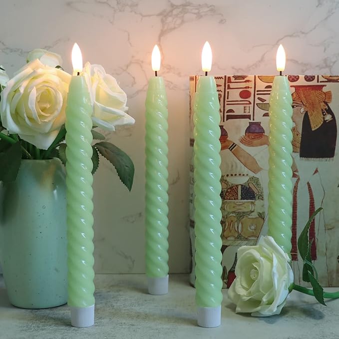 Flameless Taper Candles Green Pastel Flickering with Remote Timer, Battery Operated Warm 3D Wick LED Spiral Candles 6 Pack 9.8" Real Wax Wedding Home Birthday Spring Decor