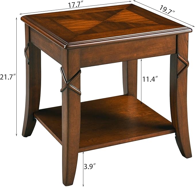 2-Set Solid Wood Side Table with Storage Shelf, Cherry Wood End Tables Living Room, Traditional Style End Table, Vintage Beside Table with Curved Legs for Apartment, Cherry Walnut Accent Table