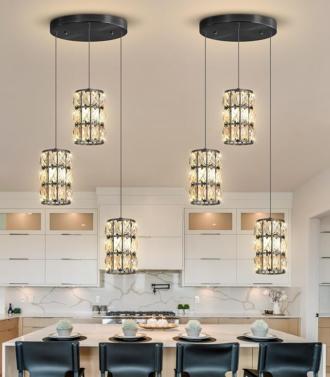 3-Lights Modern Crystal Pendant Lights for Kitchen Island LED Dimmable Glam Pendant Lighting Chandelier for Dining Room Hallway Corner Lamp Black