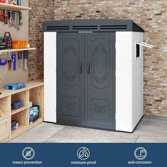 Kingdura 6x4 FT Resin Outdoor Storage Shed with Reinforced Floor, All-Weather Resistant Plastic Garden Outside Bike Tool Shed with Lockable Doors, Window for Backyard Patio Poolside