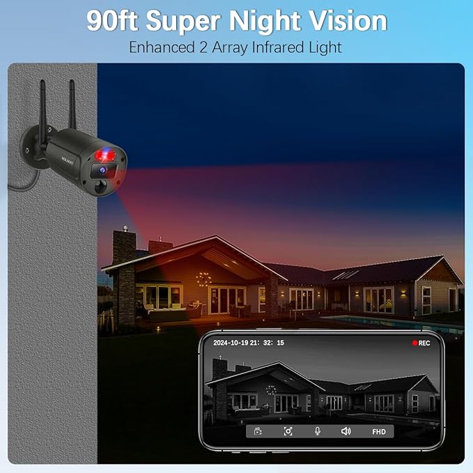 【90 Days Storage & 130° Wide Angle】 Wireless Security Camera System, Wireless Cameras for Home Security, Outdoor WiFi Video Surveillance DVR Kits